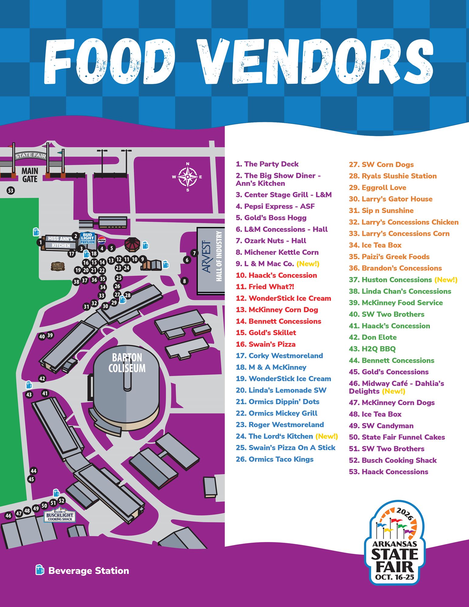 2026 Arkansas State Fair food vendor map showing 53 numbered vendor locations and beverage stations across the fairgrounds, from the Main Gate and Hall of Industry to Barton Coliseum and the Busch Light Cooking Shack