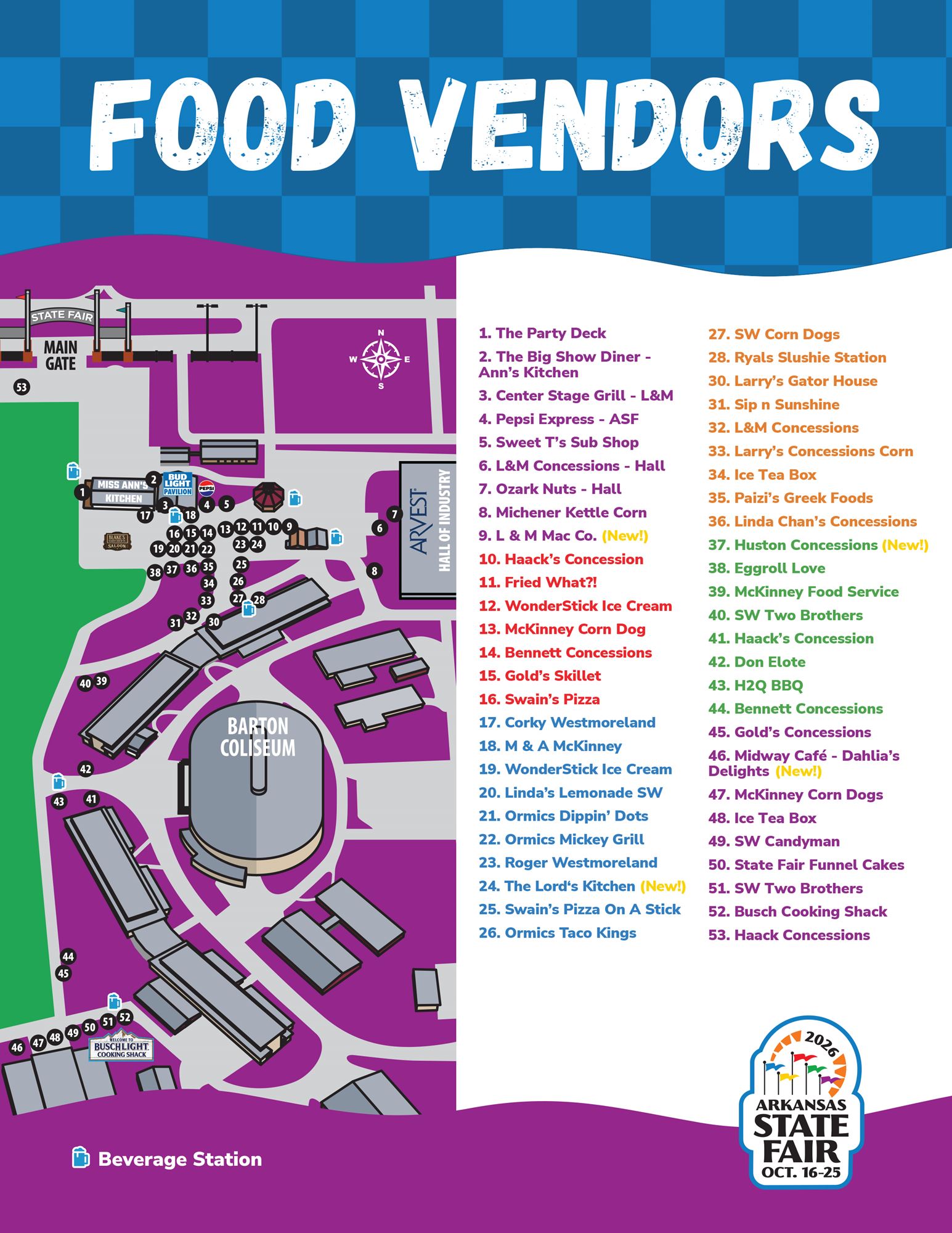 2026 Arkansas State Fair food vendor map showing 52 numbered vendor locations and beverage stations across the fairgrounds, from the Main Gate and Hall of Industry to Barton Coliseum and the Busch Light Cooking Shack
