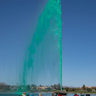 The fountain is dyed green for St. Patrick's Day. 