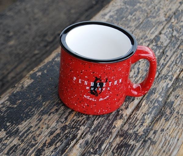 Red mug with Pendleton Whiskey logo printed on the front