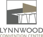 Logo for the Lynnwood Convention Center, a building architectural feature with the words "Lynnwood Convention Center"
