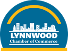 Logo for the Lynnwood Chamber of Commerce, a blue circle with a city skyline and the words "Lynnwood Chamber of Commerce"