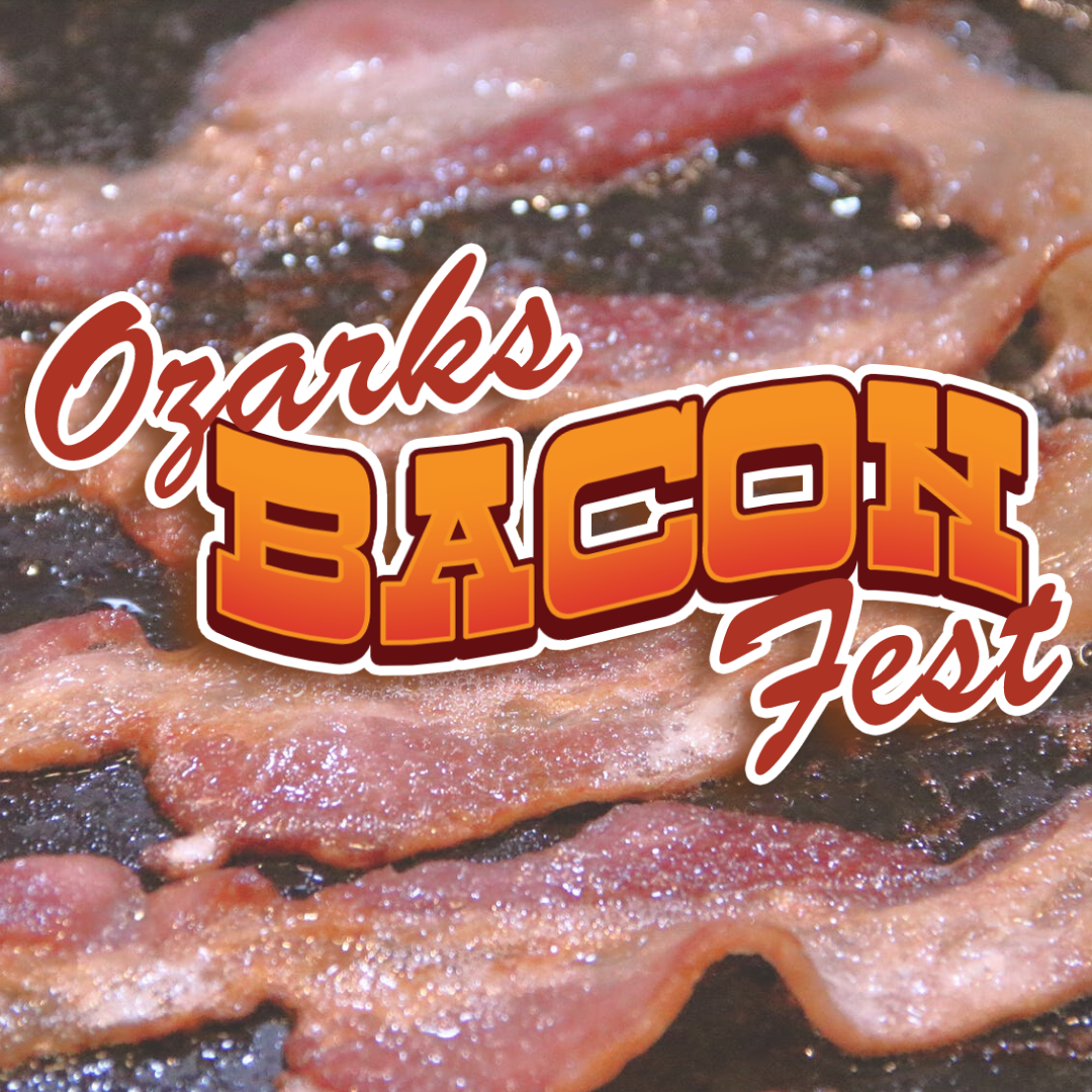 Ozarks Bacon Fest logo with frying bacon in the background