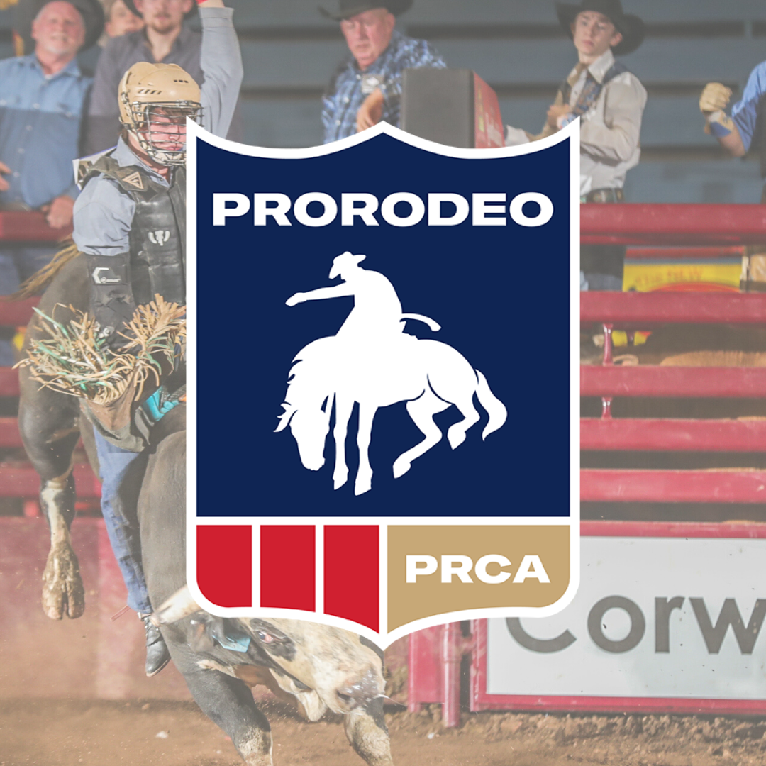 PRCA Pro Rodeo logo with a man riding a bucking bull in the background