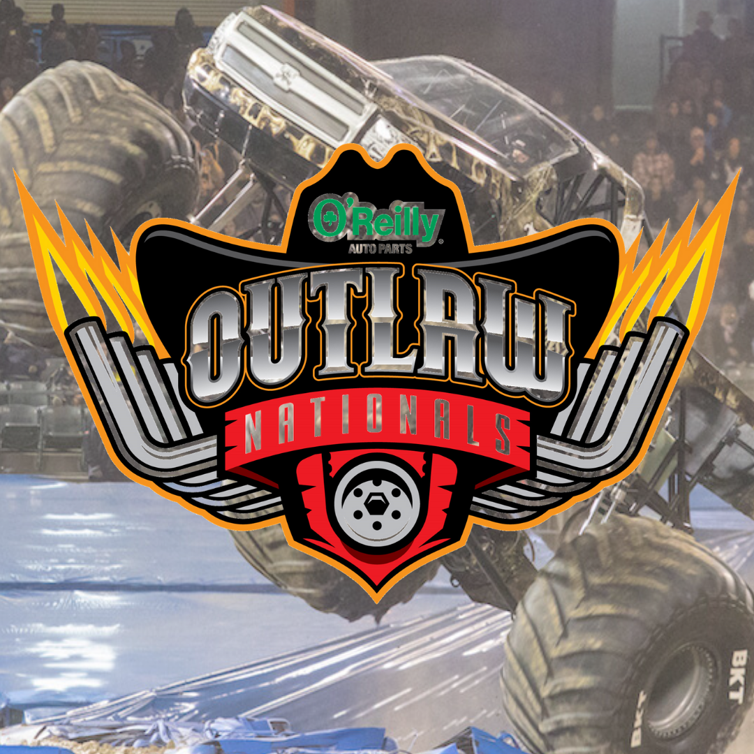 O'Reilly Outlaw nationals logo with a jumping monster truck in the background