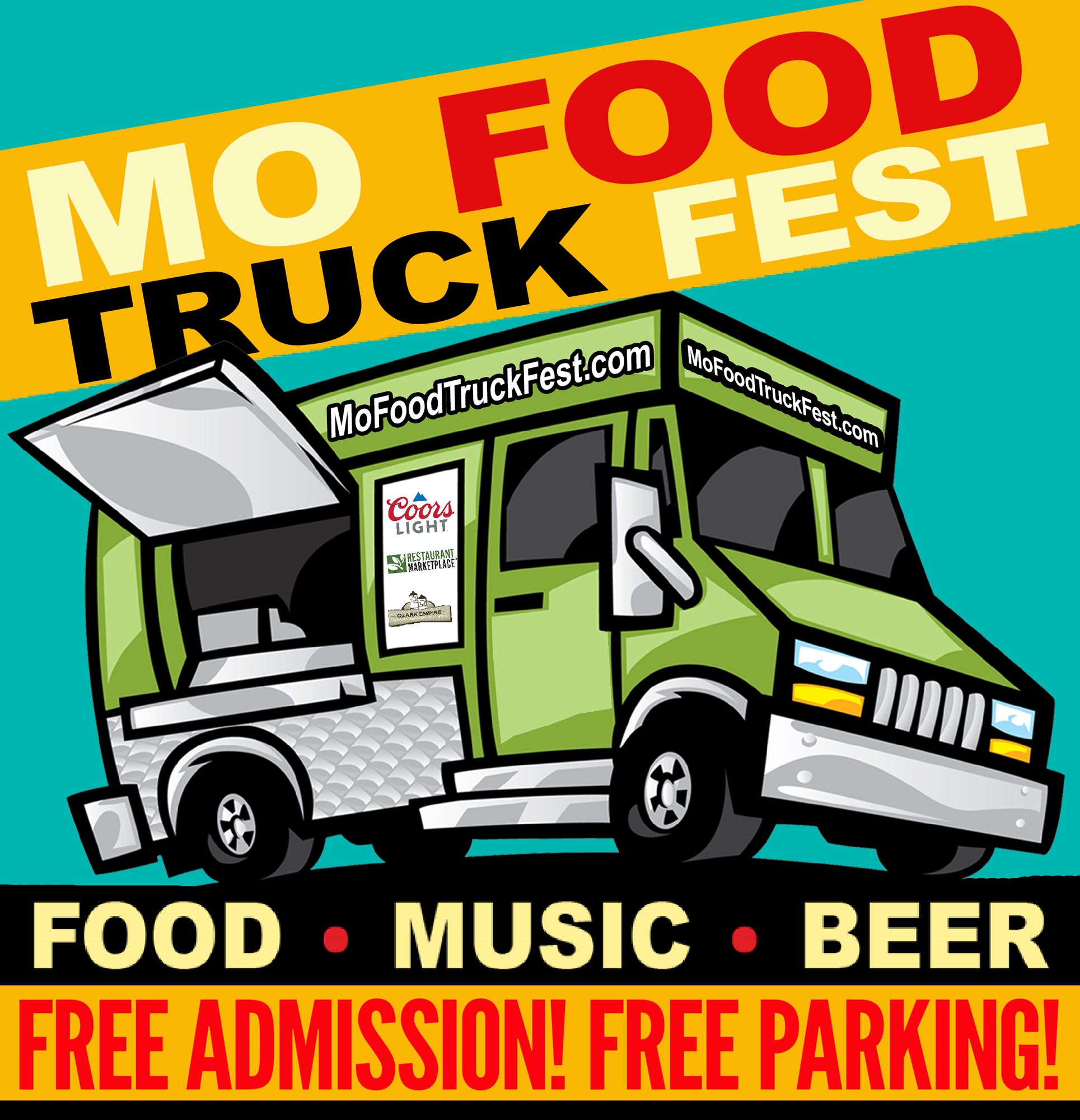 MO Food Truck Fest Logo with a food truck park in the background