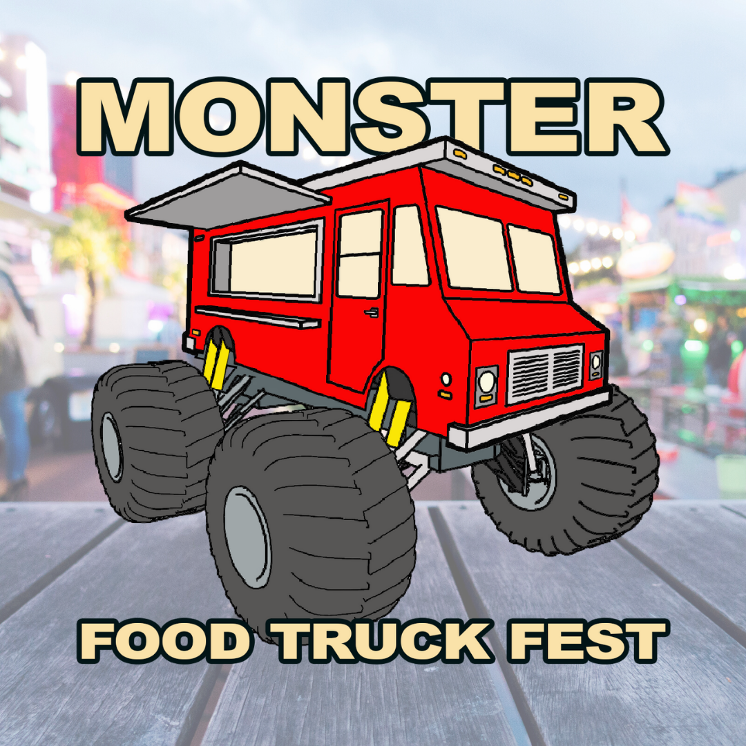 Monster Food Truck Fest Logo with a food truck park in the background