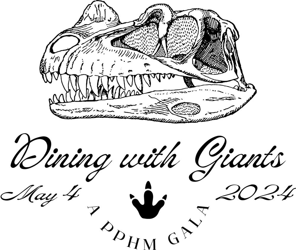 Dining with giants logo, dinosaur skeleton