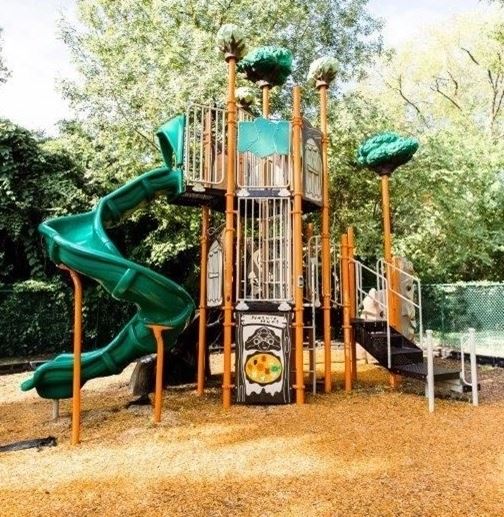 Large playground structure with green slide.