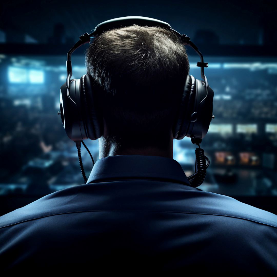 Back of persons head with headphones on in a dark room with blue lights.