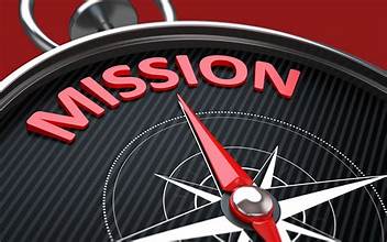 Red background with a black compass and the word mission all caps  in red font.