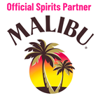Maroon letters that say Malibu over 2 palm trees with a sunset in the background